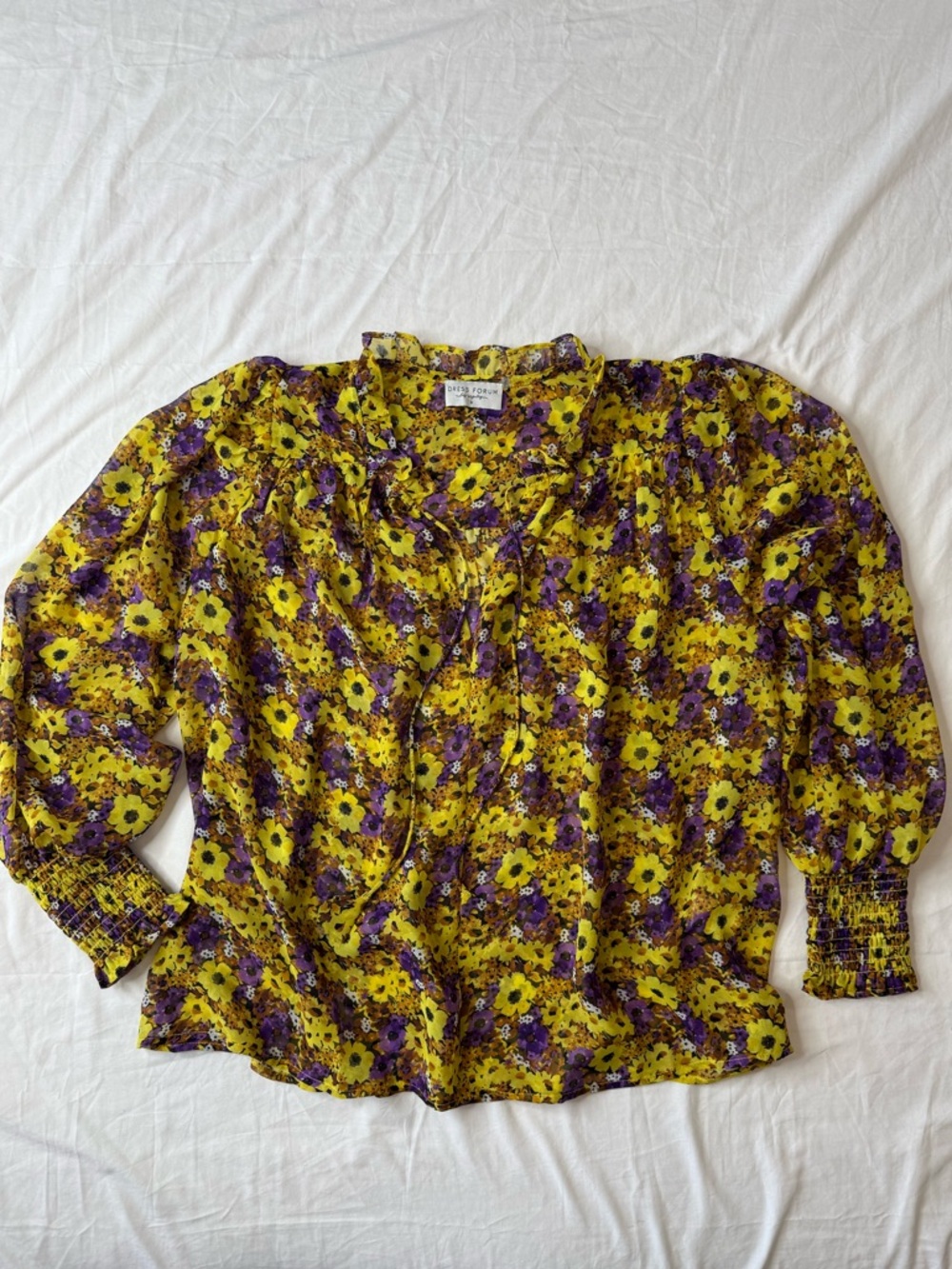 Dress Forum Sheer Floral Blouse Size Small Yellow Purple Smocked Cuff Boho